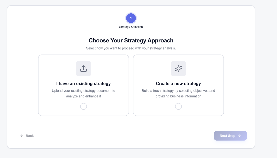 The RELIABL.IT platform screen for choosing the strategy approach.